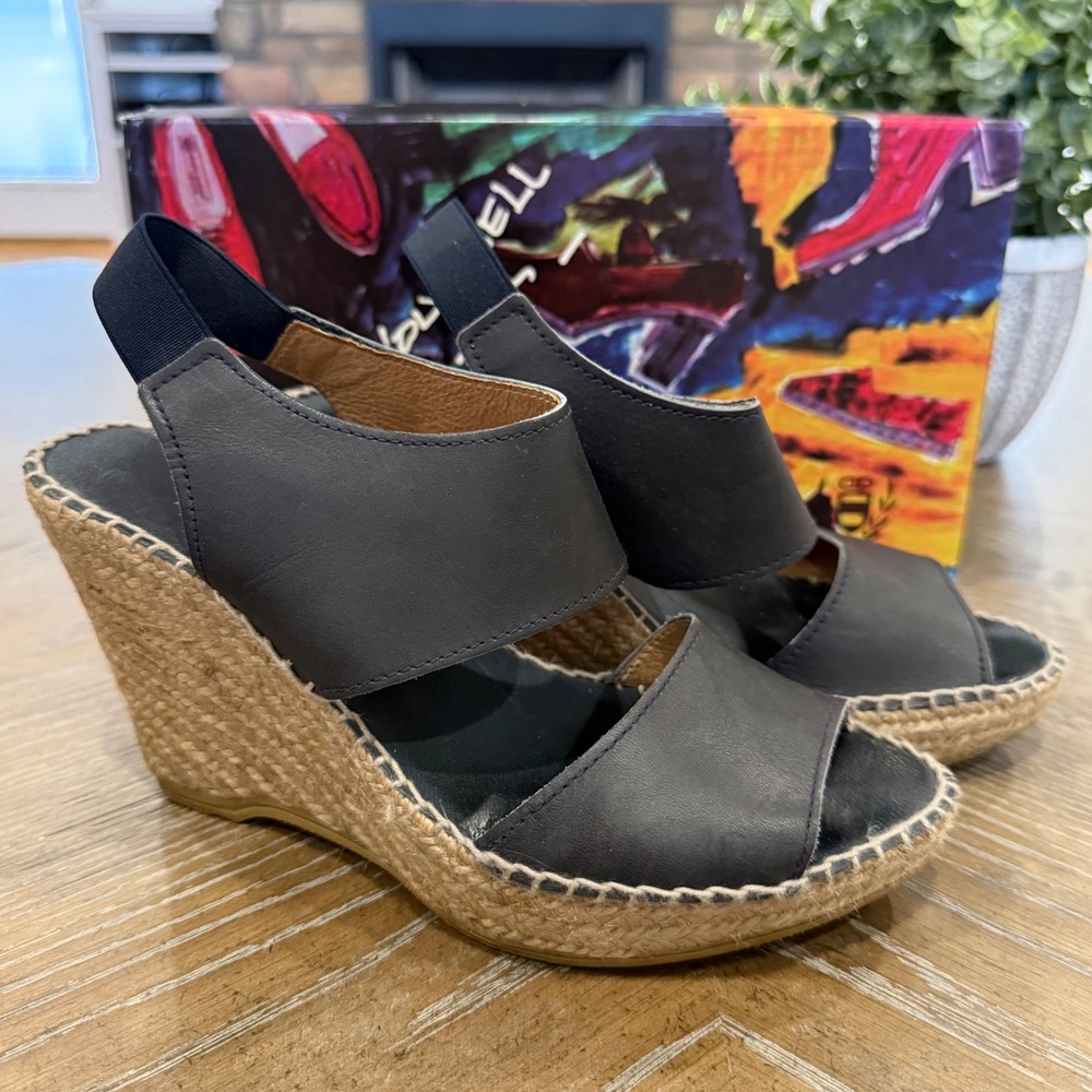 Andre‎ Assous Reese Navy Leather Espadrille Wedge Sandals Women 6.5